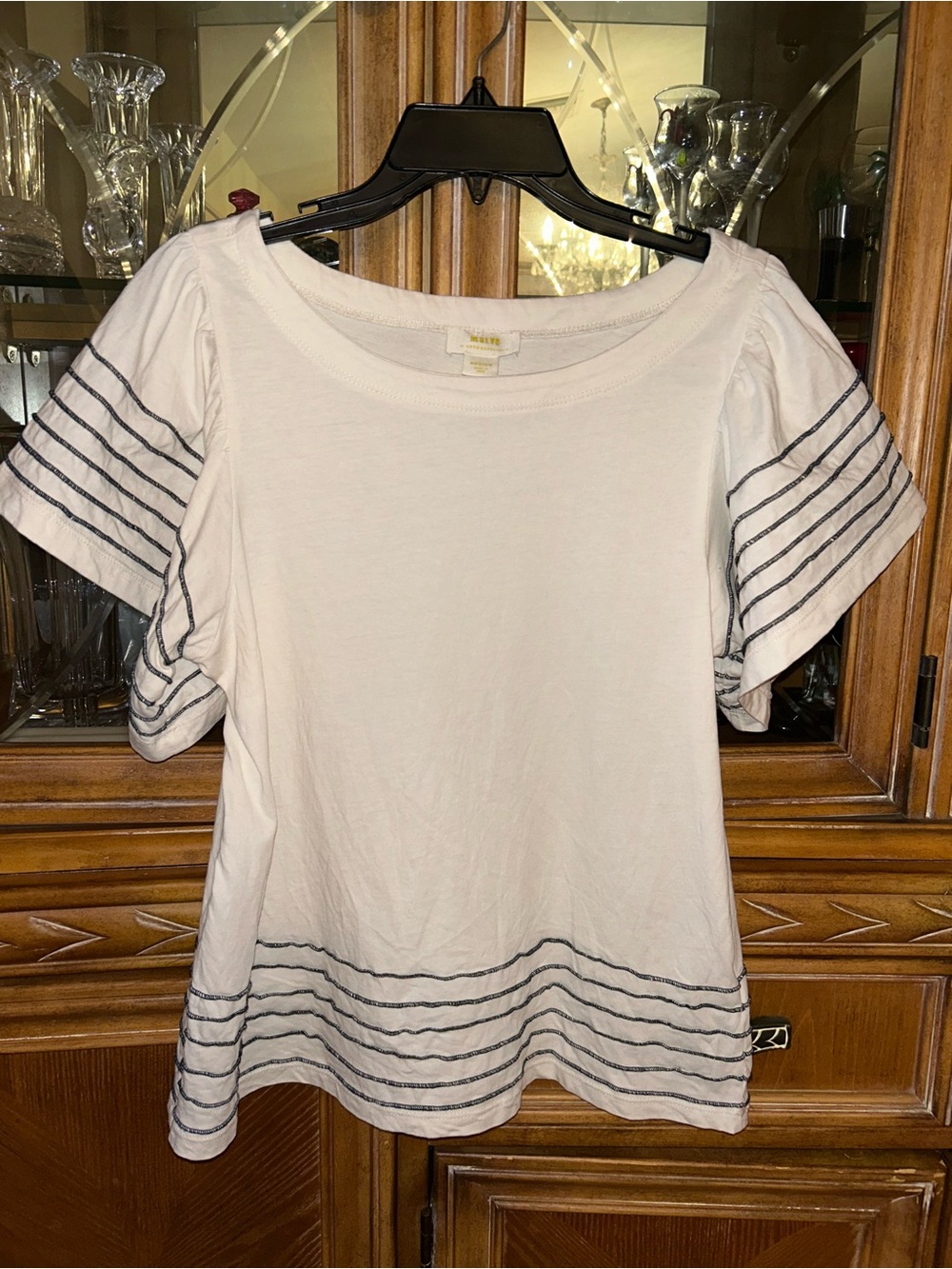 Maeve from Anthropology White Short Sleeve Tee with Navy Stripe Accents